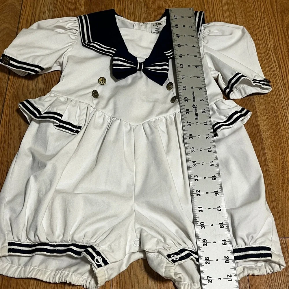 Vintage Sailor‎ Romper Toddler 4 White Navy Nautical Striped Puff Sleeve